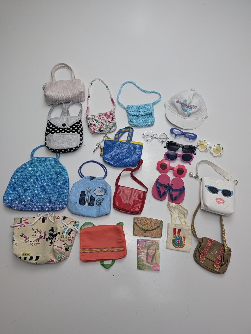 American Girl doll Lot of 14 Purses Handbags Wallet Sunglasses Flip Flops Hat